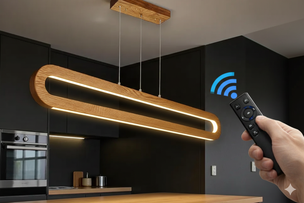 Handmade Wood Pendant Light - Dimmable Linear Led Chandelier - Light Fixture for Dining Room, Kitchen Island or Living Room - Ceiling Lamp