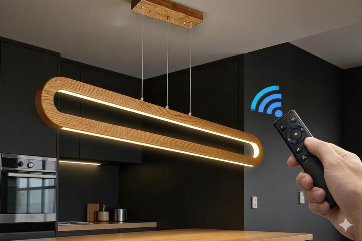 Handmade Wood Pendant Light - Dimmable Linear Led Chandelier - Light Fixture for Dining Room, Kitchen Island or Living Room - Ceiling Lamp