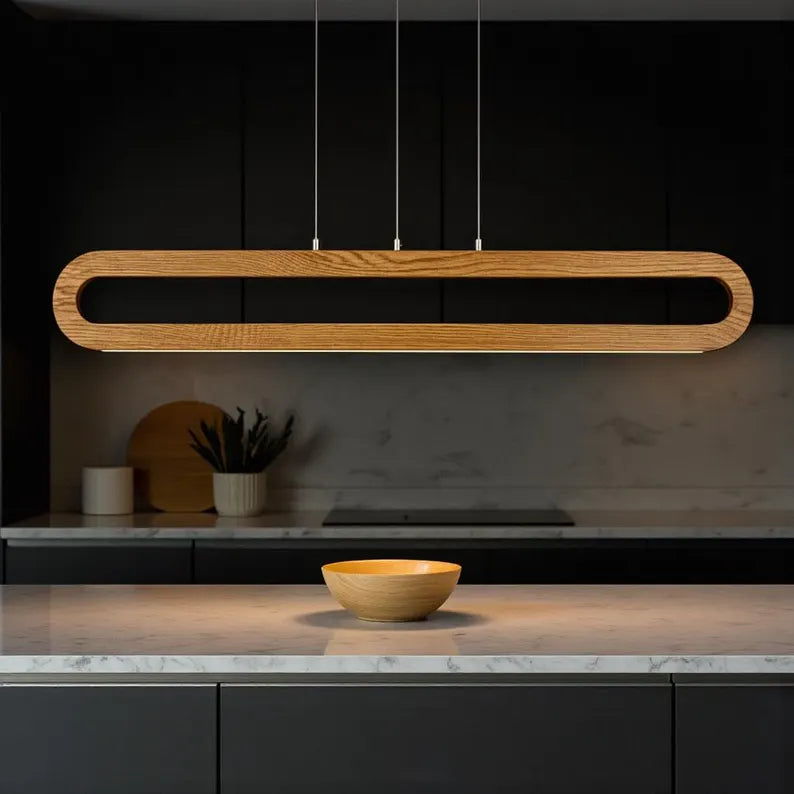 Handmade Wood Pendant Light - Dimmable Linear Led Chandelier - Light Fixture for Dining Room, Kitchen Island or Living Room - Ceiling Lamp
