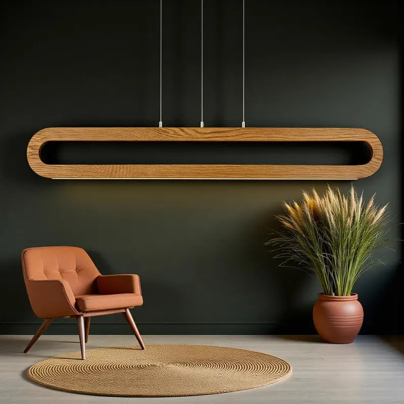 Handmade Wood Pendant Light - Dimmable Linear Led Chandelier - Light Fixture for Dining Room, Kitchen Island or Living Room - Ceiling Lamp