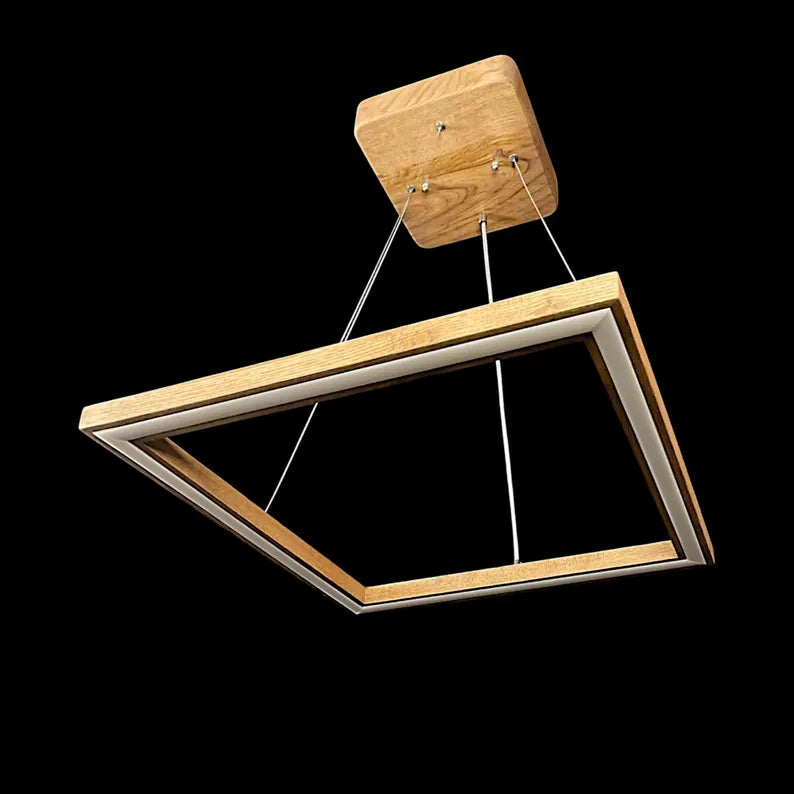 Handmade Square Wood Pendant Light - Wooden Ceiling Lamp - Led Chandelier - Light Fixture for Dining Room, Kitchen Island or Living Room