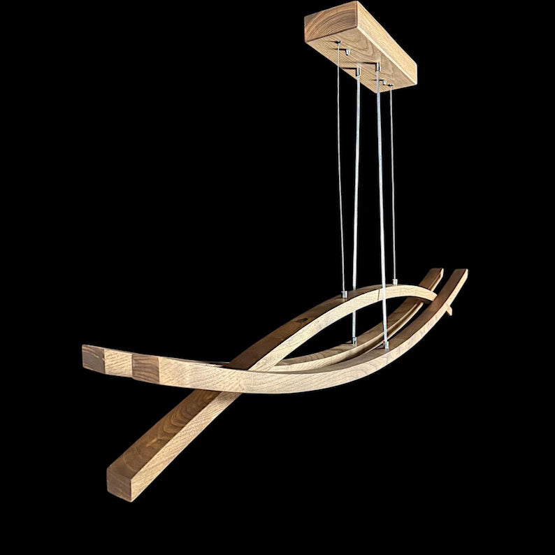 Curved Wooden LED Chandelier – Handmade Custom Pendant Light – Sculptural Oak Light Fixture for Dining Room, Kitchen Island or Living Room