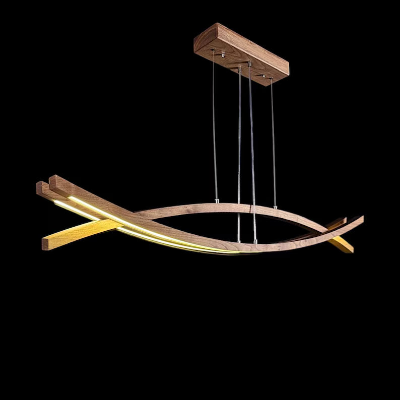 Curved Wooden LED Chandelier – Handmade Custom Pendant Light – Sculptural Oak Light Fixture for Dining Room, Kitchen Island or Living Room