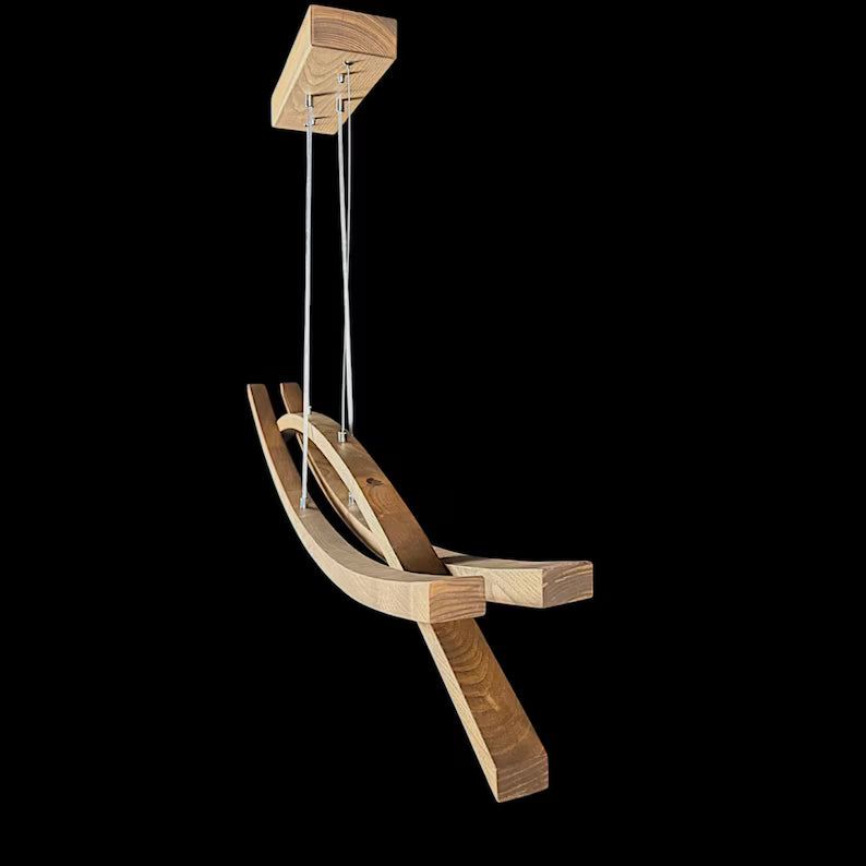 Curved Wooden LED Chandelier – Handmade Custom Pendant Light – Sculptural Oak Light Fixture for Dining Room, Kitchen Island or Living Room