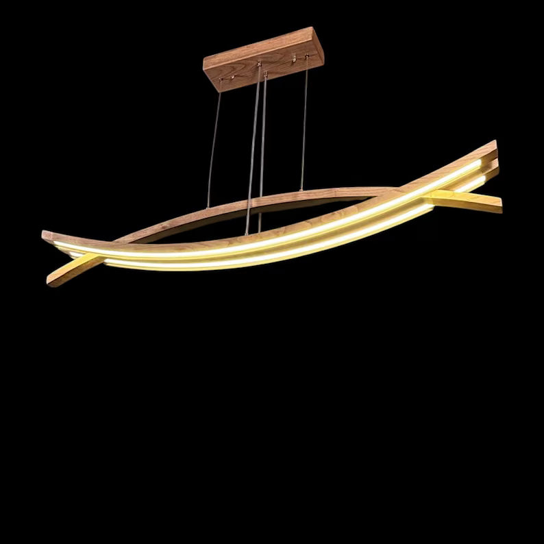 Curved Wooden LED Chandelier – Handmade Custom Pendant Light – Sculptural Oak Light Fixture for Dining Room, Kitchen Island or Living Room