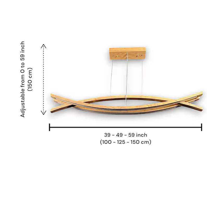 Curved Wooden LED Chandelier – Handmade Custom Pendant Light – Sculptural Oak Light Fixture for Dining Room, Kitchen Island or Living Room