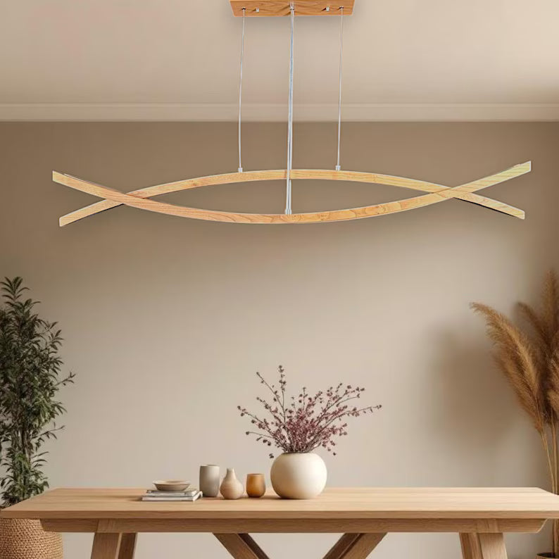 Curved Wooden LED Chandelier – Handmade Custom Pendant Light – Sculptural Oak Light Fixture for Dining Room, Kitchen Island or Living Room