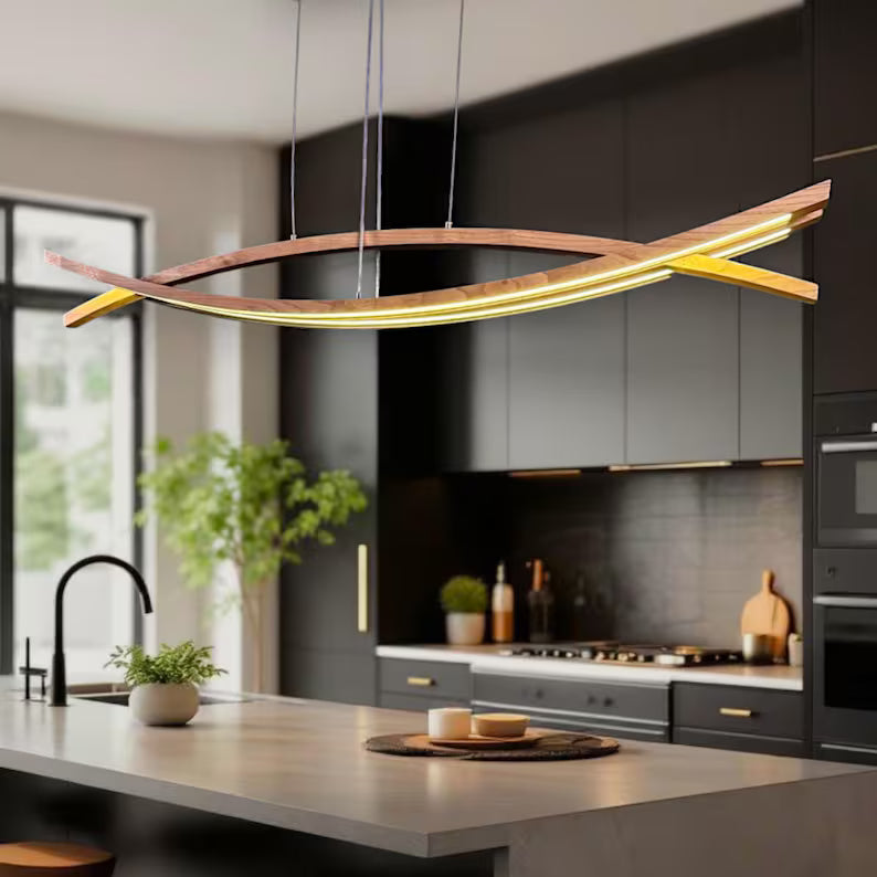 Curved Wooden LED Chandelier – Handmade Custom Pendant Light – Sculptural Oak Light Fixture for Dining Room, Kitchen Island or Living Room