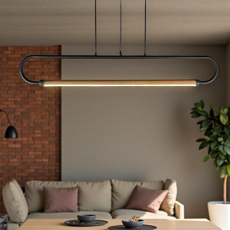 Wood and Metal LED Pendant Light - Modern Led Chandelier -Light Fixture for Dining Room, Kitchen Island or Living Room - Home Decor Lighting