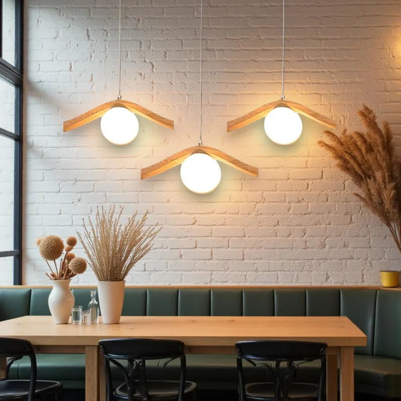 Oak Globe Pendant Lamp: Modern Minimalist Wood Chandelier - Light Fixture for Dining Room, Kitchen Island or Living Room - Wood Ceiling Lamp