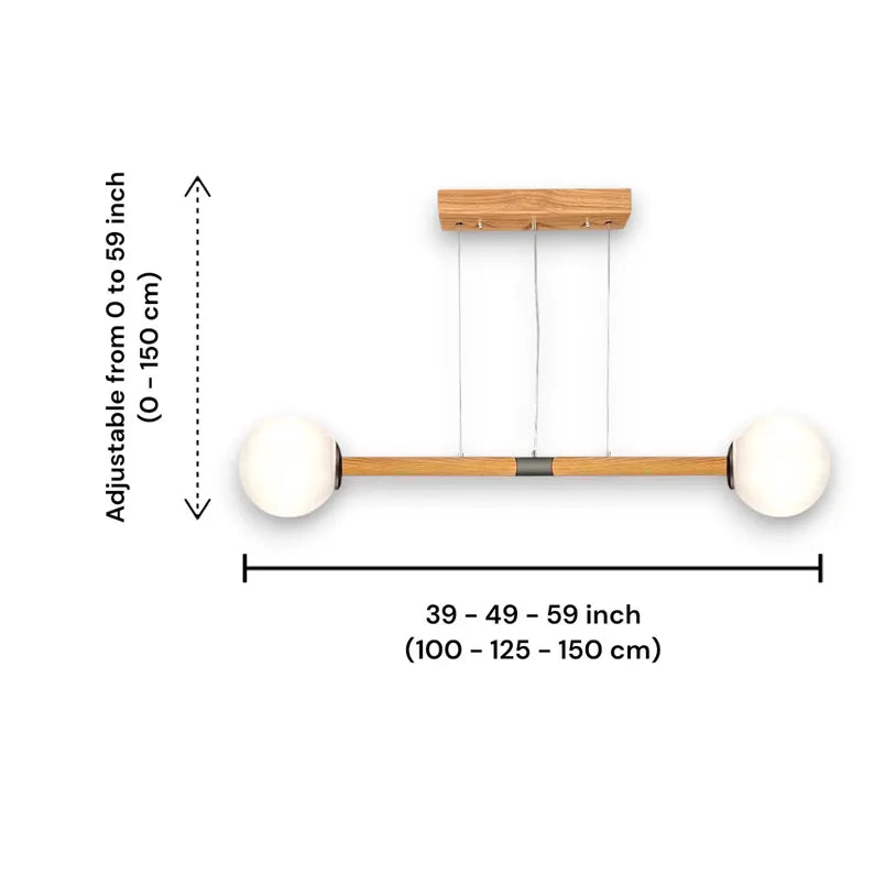 Handmade Wooden Pendant Light - Modern Linear Chandelier with Glass Globes - Light Fixture for Dining Room, Kitchen Island or Living Room