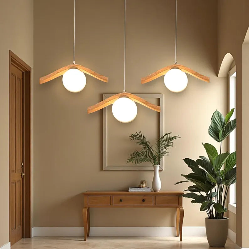 Oak Globe Pendant Lamp: Modern Minimalist Wood Chandelier - Light Fixture for Dining Room, Kitchen Island or Living Room - Wood Ceiling Lamp