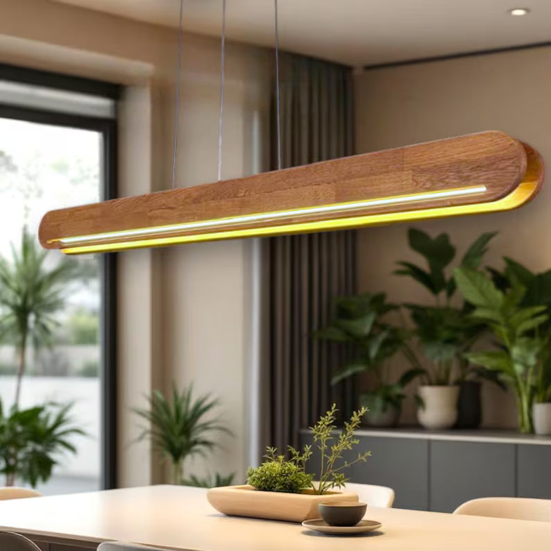 Wood Pendant Light - Dimmable Linear Led Ceiling Lamp - Home Decor Lighting - Light Fixture for Dining Room, Kitchen Island or Living Room