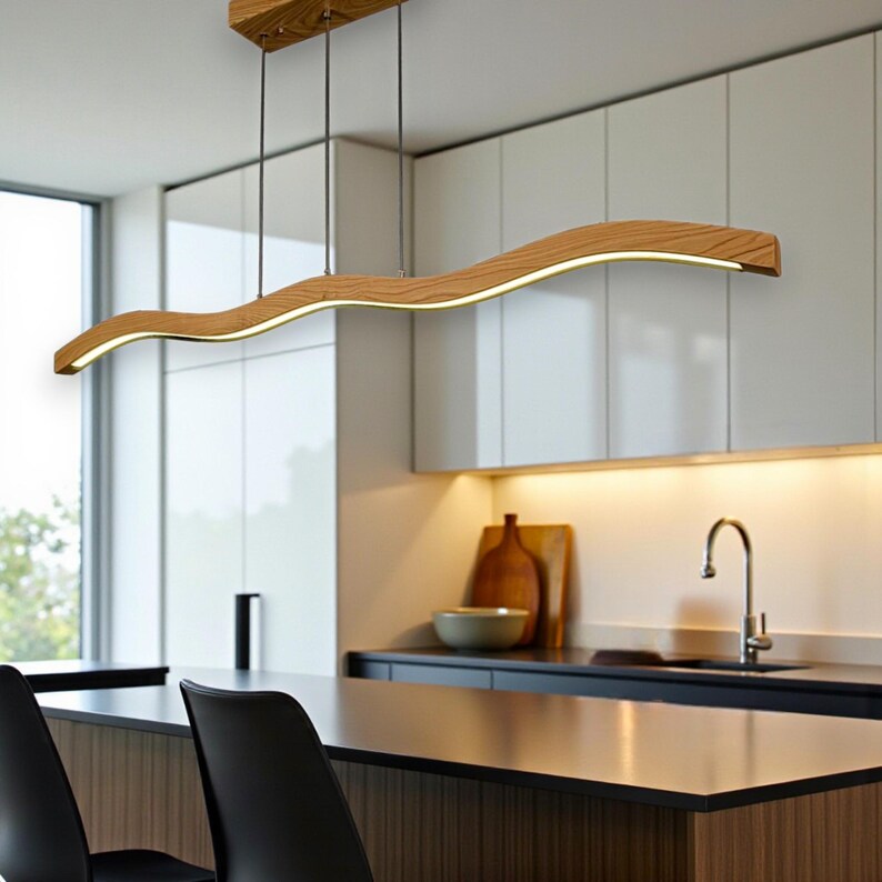 Handmade Wood Pendant Light - Curved Led Chandelier - Wood Linear Ceiling Lamp -Light Fixture for Dining Room, Kitchen Island or Living Room (Copy)