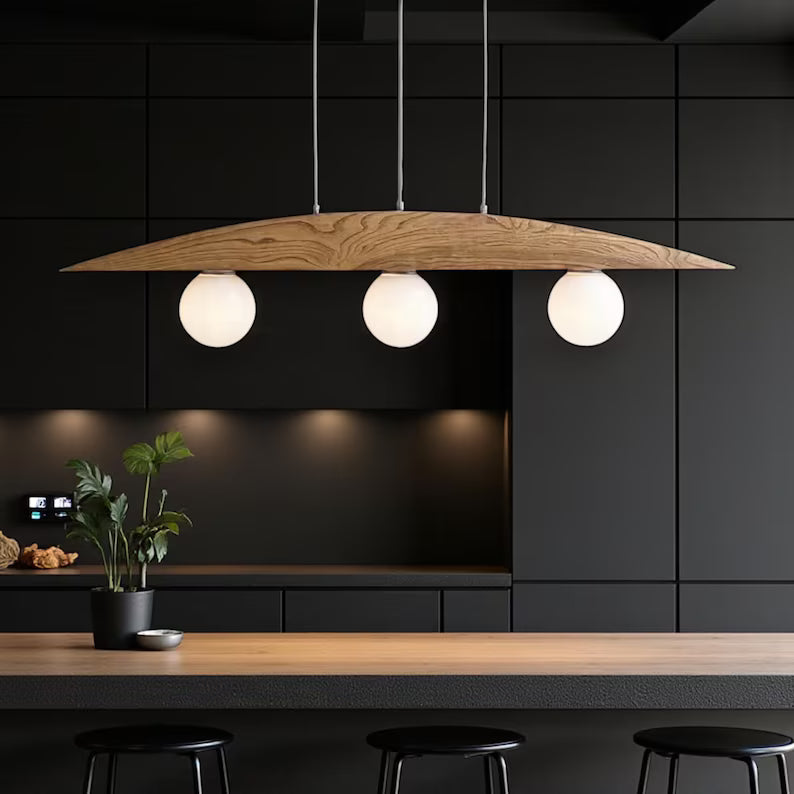 Curved Oak 3-Light Globe Chandelier - Wood Ceiling Lamp - Home Decor Lighting - Light Fixture for Dining Room, Kitchen Island or Living Room