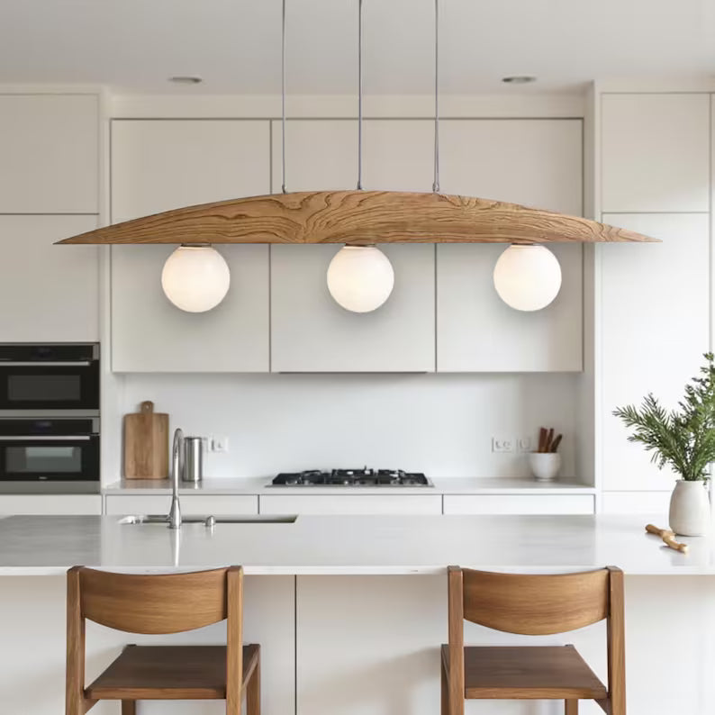 Curved Oak 3-Light Globe Chandelier - Wood Ceiling Lamp - Home Decor Lighting - Light Fixture for Dining Room, Kitchen Island or Living Room