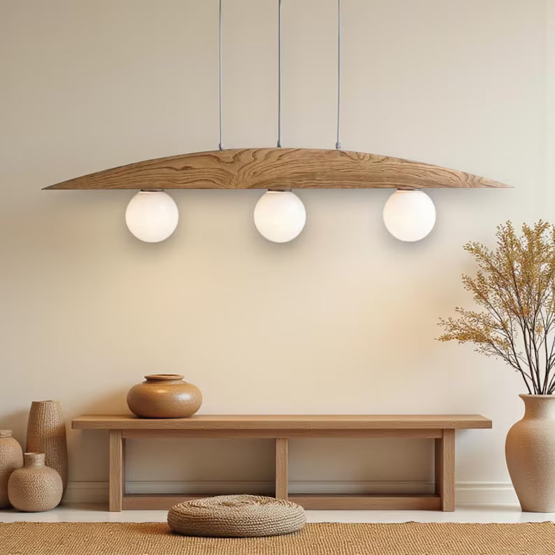 Curved Oak 3-Light Globe Chandelier - Wood Ceiling Lamp - Home Decor Lighting - Light Fixture for Dining Room, Kitchen Island or Living Room