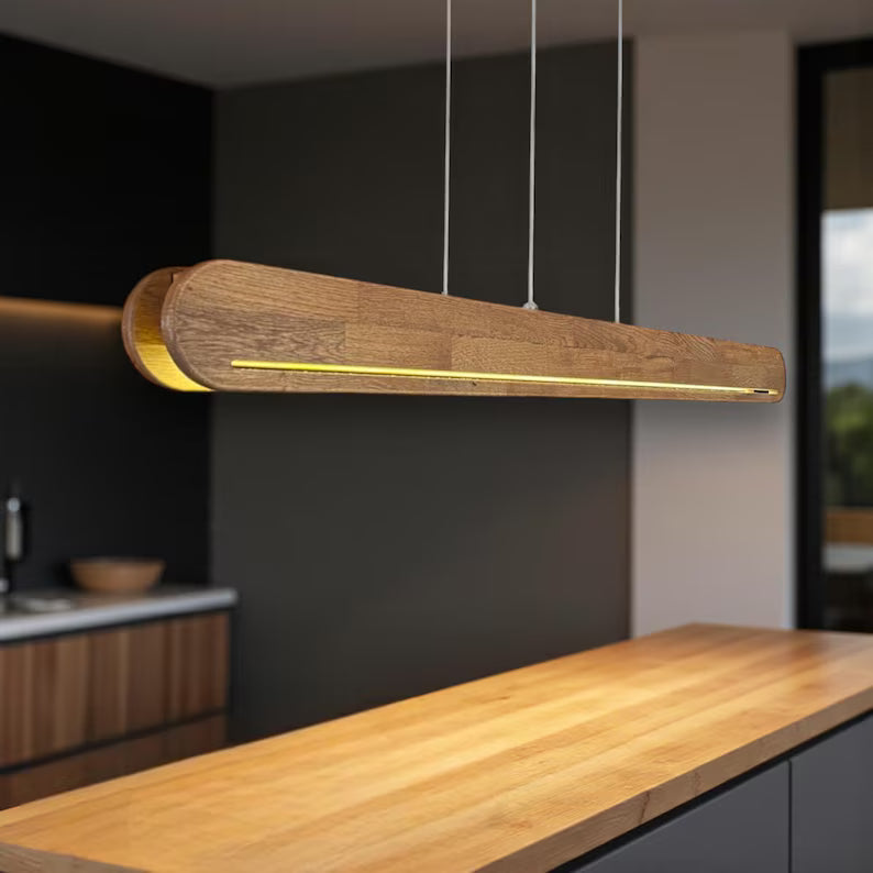 Wood Pendant Light - Dimmable Linear Led Ceiling Lamp - Home Decor Lighting - Light Fixture for Dining Room, Kitchen Island or Living Room