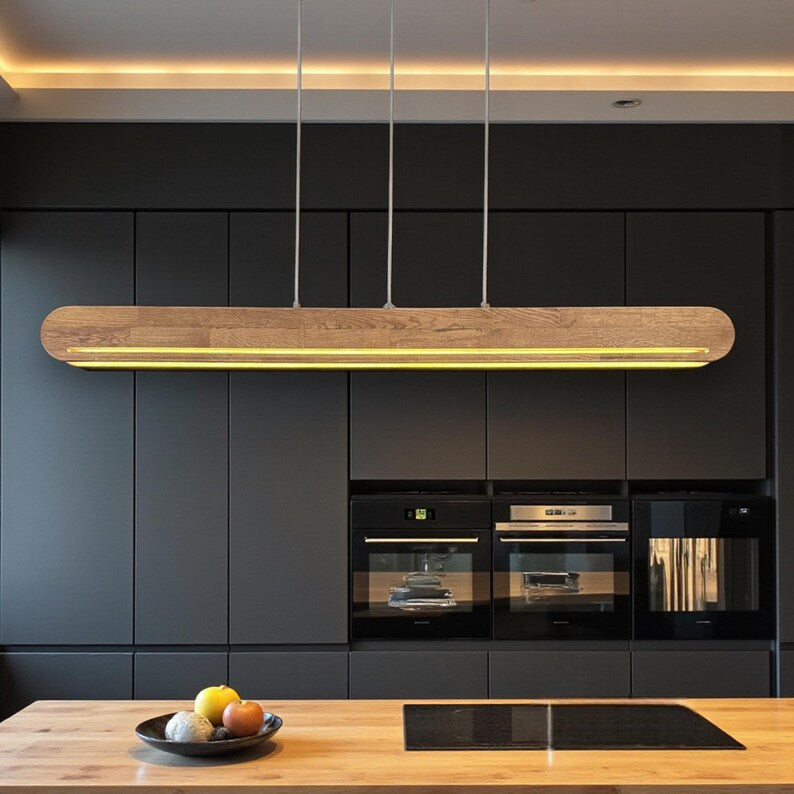 Wood Pendant Light - Dimmable Linear Led Ceiling Lamp - Home Decor Lighting - Light Fixture for Dining Room, Kitchen Island or Living Room