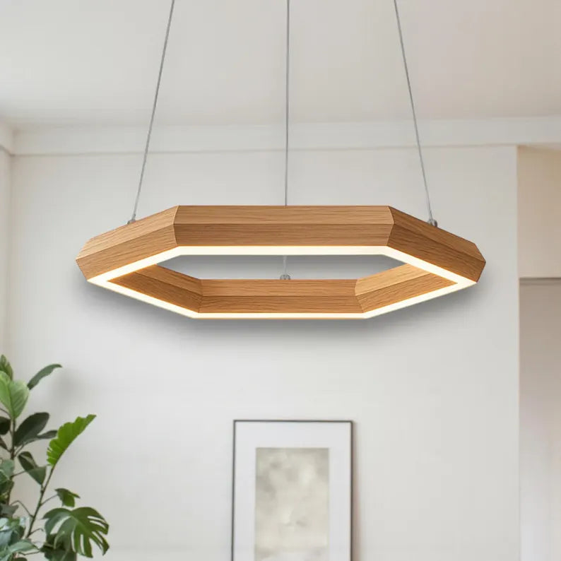 Wooden Hexagon Pendant Light - Handmade LED Chandelier for Kitchen Island & Dining | Modern Farmhouse Ceiling Lighting - Wood Light Fixture