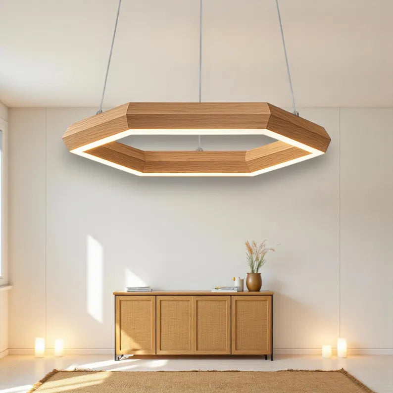 Wooden Hexagon Pendant Light - Handmade LED Chandelier for Kitchen Island & Dining | Modern Farmhouse Ceiling Lighting - Wood Light Fixture
