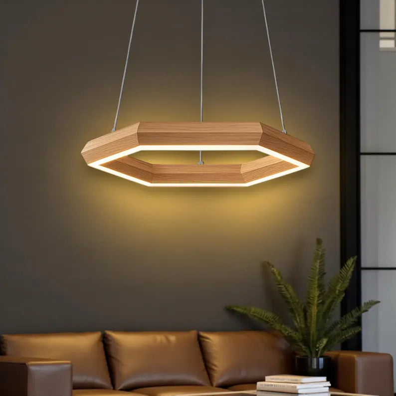 Wooden Hexagon Pendant Light - Handmade LED Chandelier for Kitchen Island & Dining | Modern Farmhouse Ceiling Lighting - Wood Light Fixture