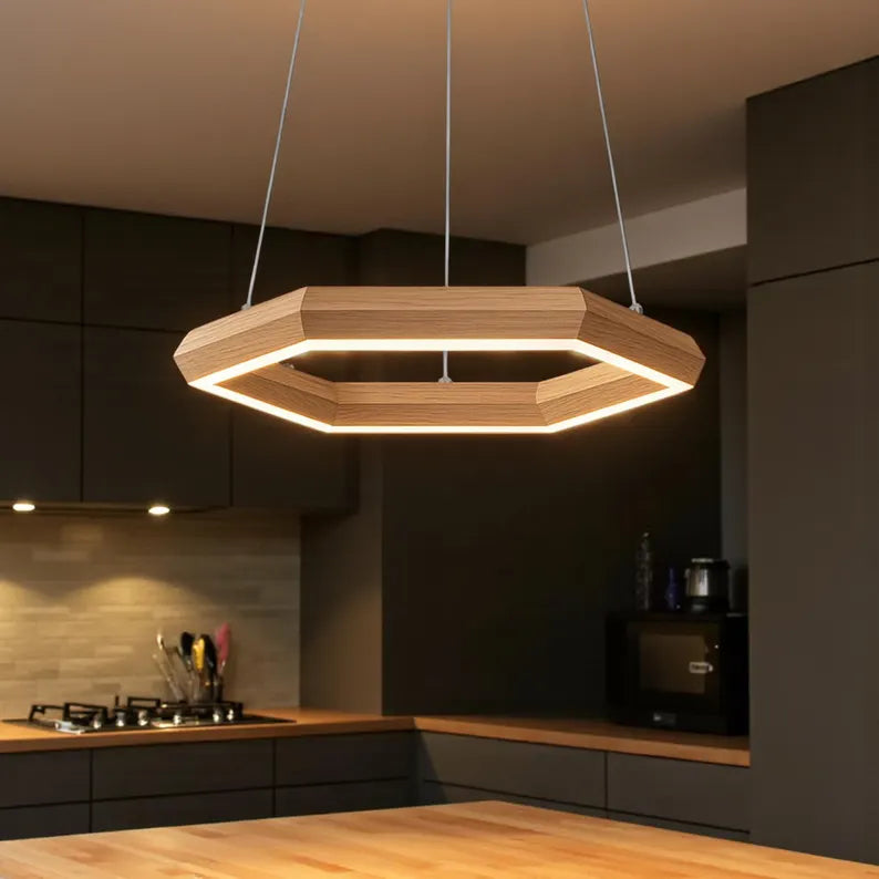 Wooden Hexagon Pendant Light - Handmade LED Chandelier for Kitchen Island & Dining | Modern Farmhouse Ceiling Lighting - Wood Light Fixture