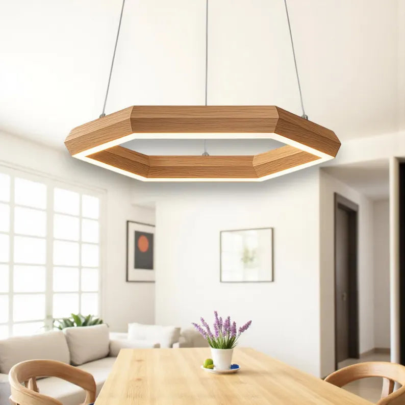 Wooden Hexagon Pendant Light - Handmade LED Chandelier for Kitchen Island & Dining | Modern Farmhouse Ceiling Lighting - Wood Light Fixture