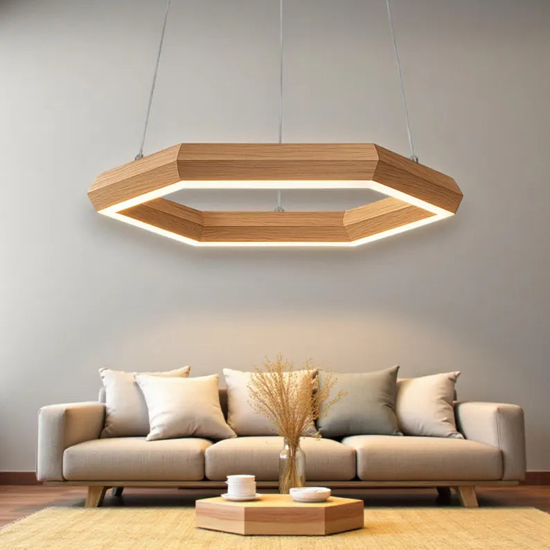 Wooden Hexagon Pendant Light - Handmade LED Chandelier for Kitchen Island & Dining | Modern Farmhouse Ceiling Lighting - Wood Light Fixture