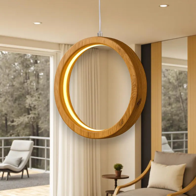 Wooden Ring Pendant Light - Handmade Wood Ceiling Light - Home Decor Lighting - Light Fixture for Dining Room, Kitchen Island or Living Room