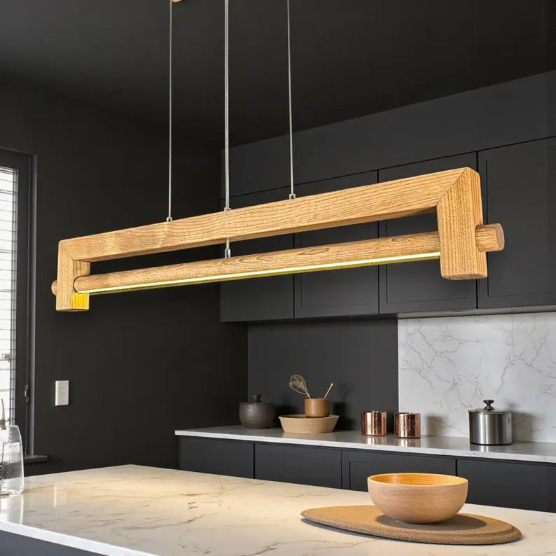 Handmade Wood Linear Pendant Light - Dimmable Wood Ceiling Lamp - Light Fixture for Dining Room, Kitchen Island or Living Room - Home Decor