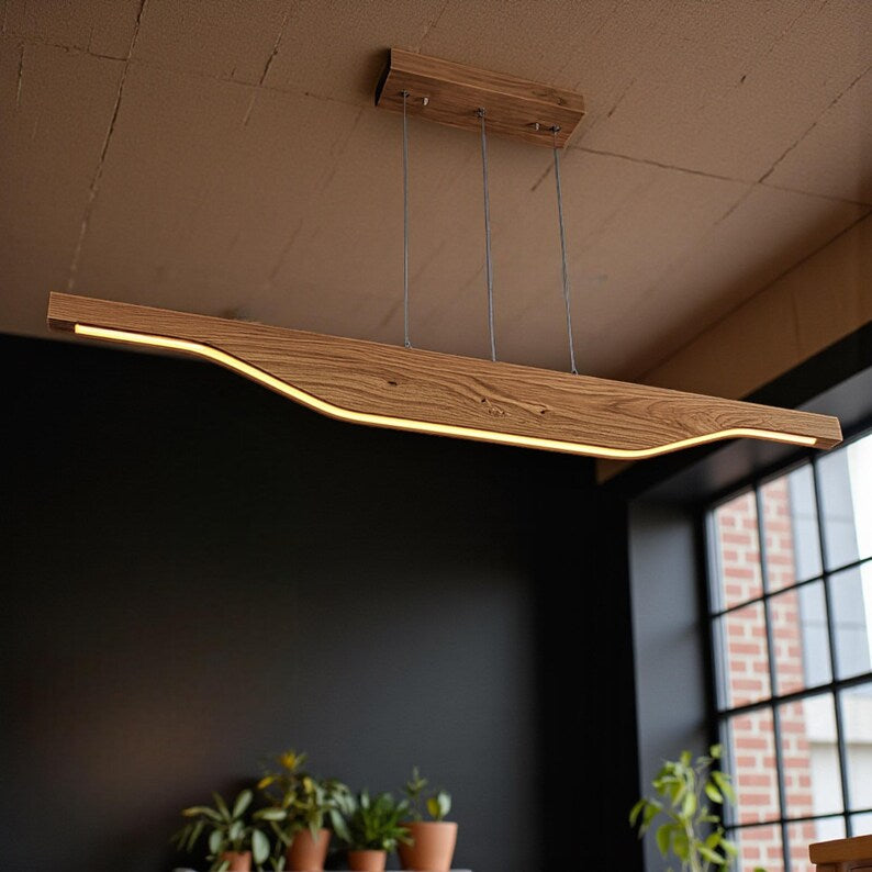 Handmade Wood Pendant Light - Modern Linear Chandelier -Light Fixture for Dining Room, Kitchen Island or Living Room - Dimmable Ceiling Lamp