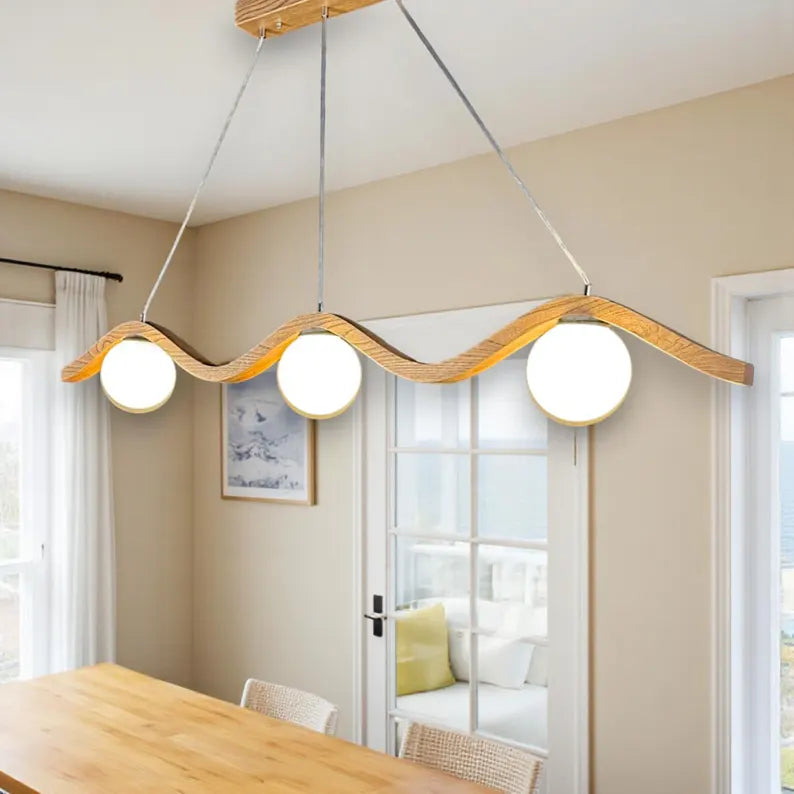 Wave Oak Wood Pendant Light – Globe Chandelier - Modern Handmade Ceiling Lamp - Light Fixture for Dining Room, Kitchen Island or Living Room