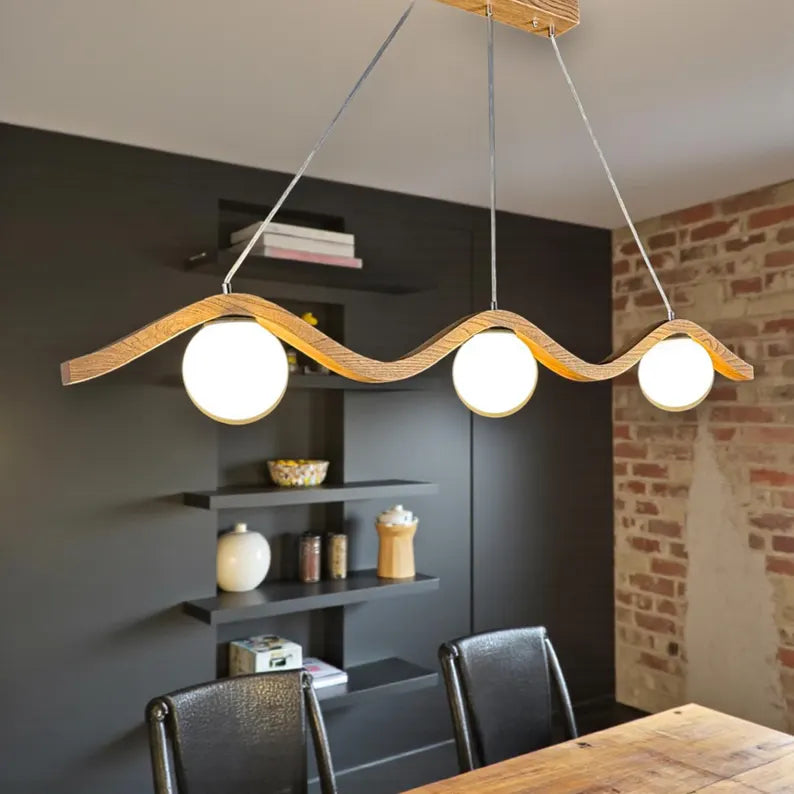 Wave Oak Wood Pendant Light – Globe Chandelier - Modern Handmade Ceiling Lamp - Light Fixture for Dining Room, Kitchen Island or Living Room