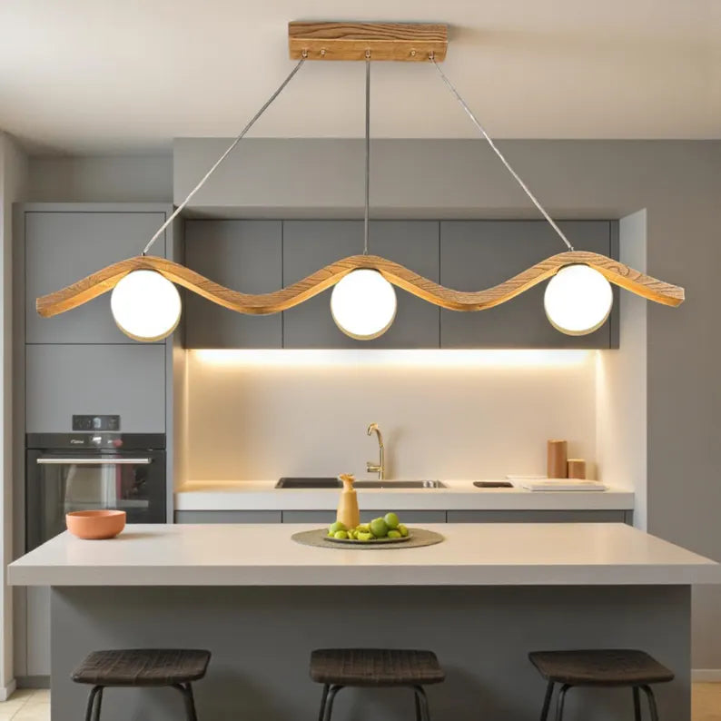 Wave Oak Wood Pendant Light – Globe Chandelier - Modern Handmade Ceiling Lamp - Light Fixture for Dining Room, Kitchen Island or Living Room