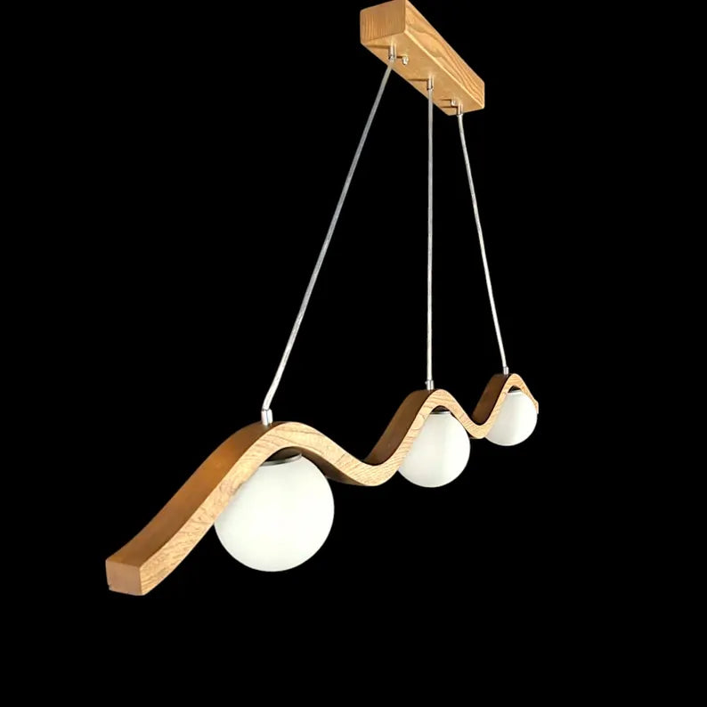 Wave Oak Wood Pendant Light – Globe Chandelier - Modern Handmade Ceiling Lamp - Light Fixture for Dining Room, Kitchen Island or Living Room