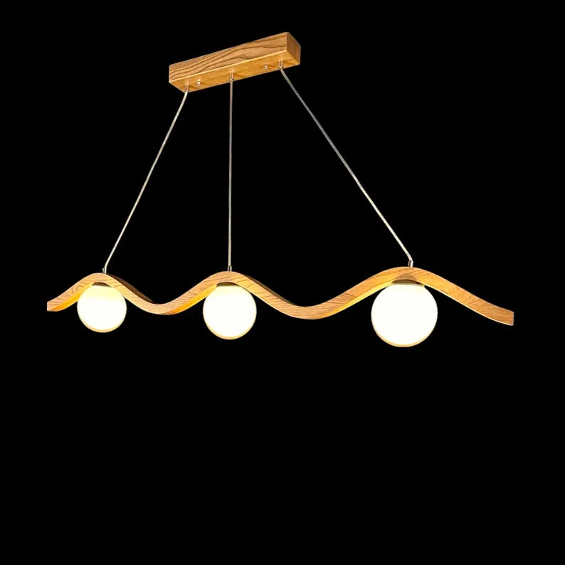 Wave Oak Wood Pendant Light – Globe Chandelier - Modern Handmade Ceiling Lamp - Light Fixture for Dining Room, Kitchen Island or Living Room