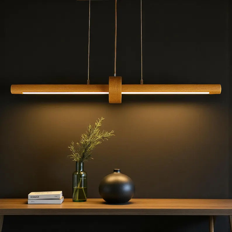 Handmade Wood Pendant Light - Dimmable Linear Chandelier - Wood Ceiling Lamp - Light Fixture for Dining Room, Kitchen Island or Living Room