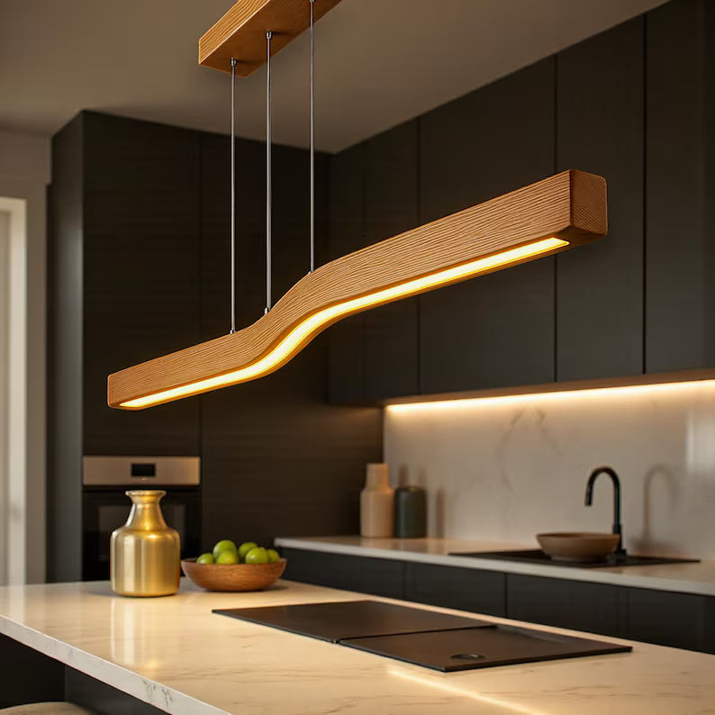 Wave-Shaped Wood Ceiling Light - Handmade Wooden Pendant Light - Light Fixture for Dining Room, Kitchen Island or Living Room - Home Decor
