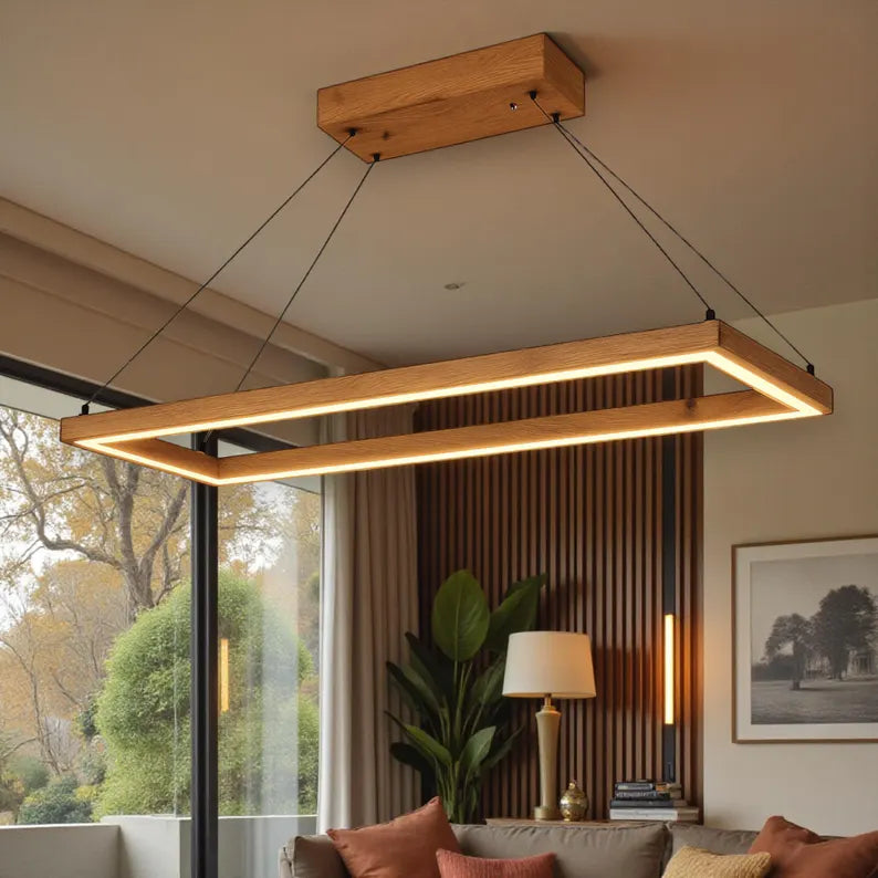 Dimmable Wooden Pendant Light – Ceiling Wood Lighting - Modern Led Chandelier for Dining Room or Kitchen Island -Rectangular Handmade Lamp