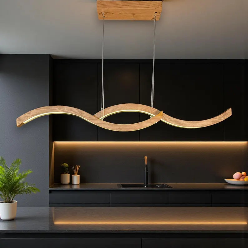 Curved Wooden LED Pendant Light - Wood Ceiling Light - Home Decor Lighting - Light Fixture for Dining Room, Kitchen Island or Living Room