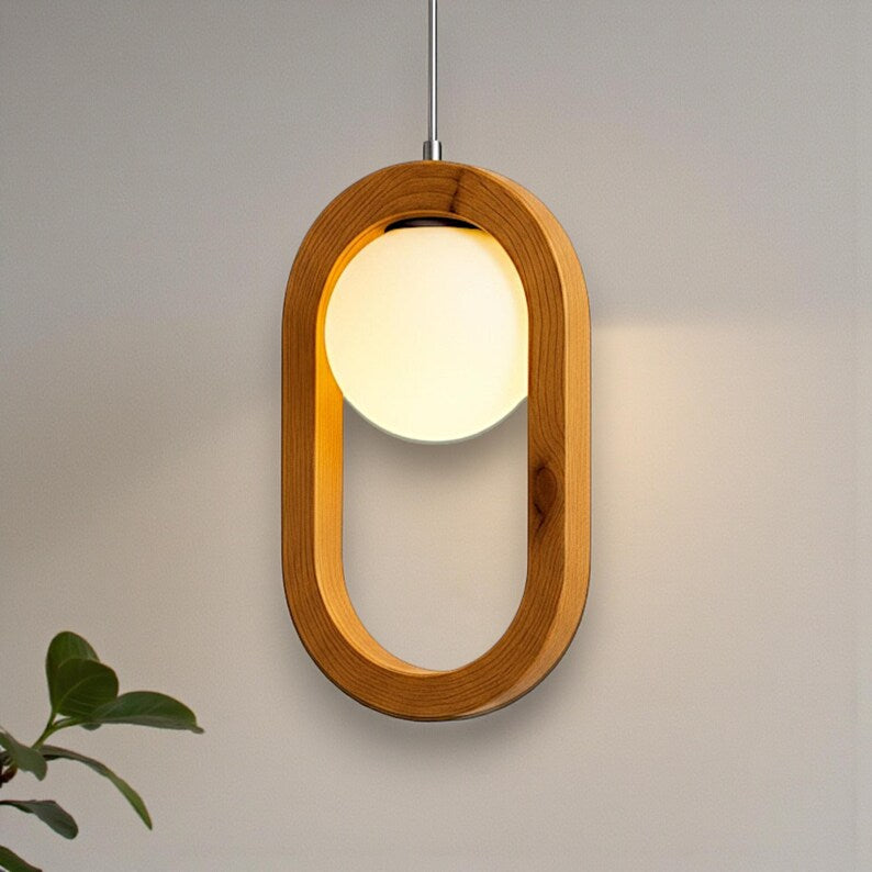 Wood Globe Glass Chandelier - Handmade Modern Minimalist Pendant Lamp - Light Fixture for Dining Room, Kitchen Island or Living Room