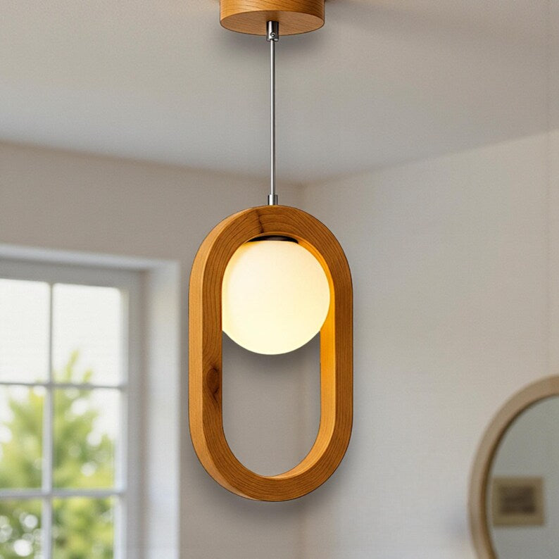 Wood Globe Glass Chandelier - Handmade Modern Minimalist Pendant Lamp - Light Fixture for Dining Room, Kitchen Island or Living Room