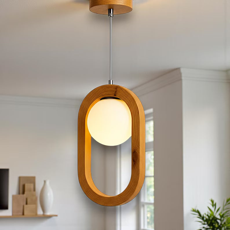 Wood Globe Glass Chandelier - Handmade Modern Minimalist Pendant Lamp - Light Fixture for Dining Room, Kitchen Island or Living Room