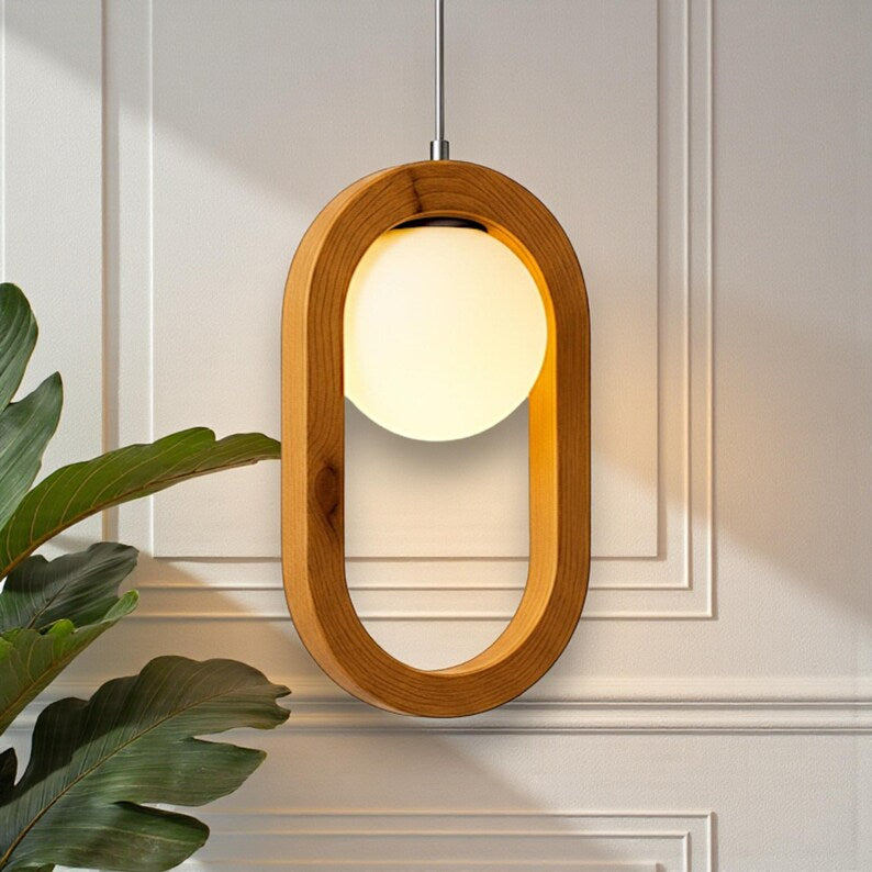 Wood Globe Glass Chandelier - Handmade Modern Minimalist Pendant Lamp - Light Fixture for Dining Room, Kitchen Island or Living Room