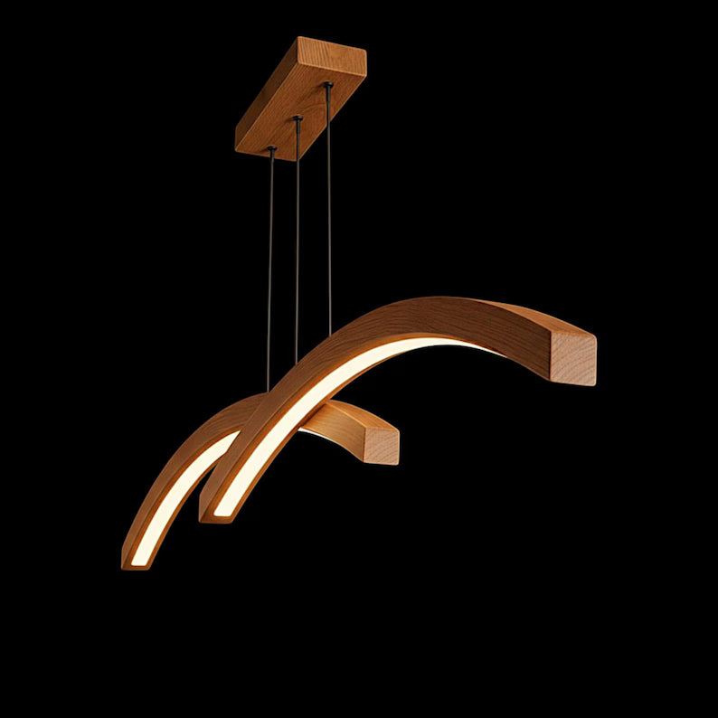 Handmade Wood Pendant Light - Curved Led Chandelier - Wood Linear Ceiling Lamp -Light Fixture for Dining Room, Kitchen Island or Living Room