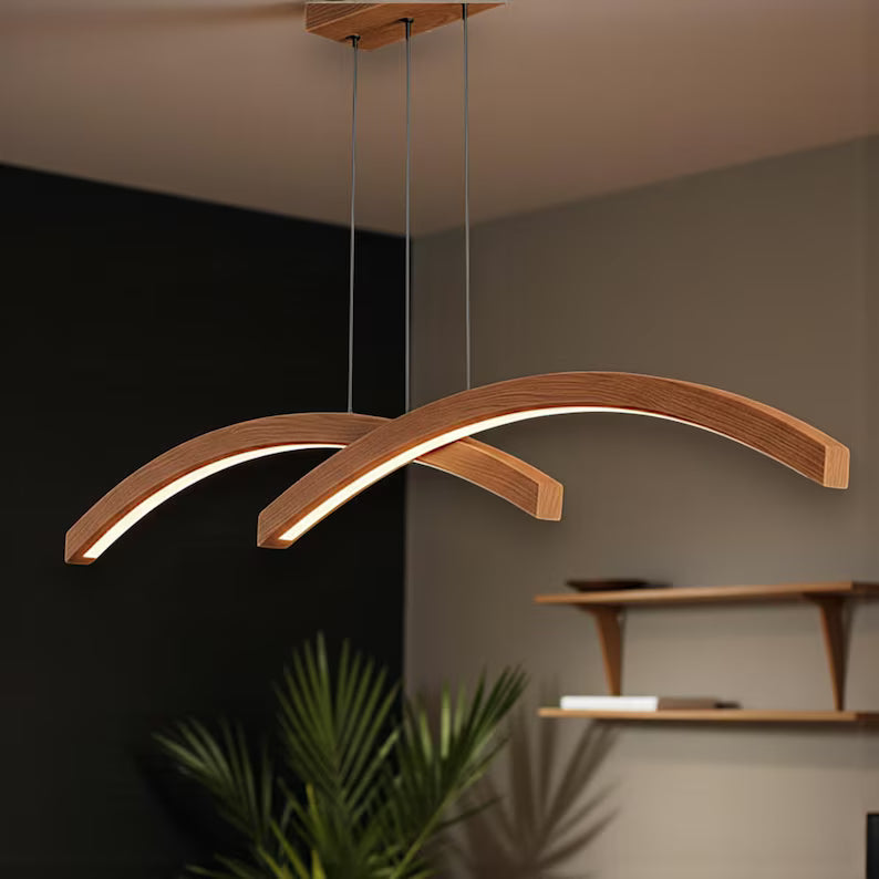 Handmade Wood Pendant Light - Curved Led Chandelier - Wood Linear Ceiling Lamp -Light Fixture for Dining Room, Kitchen Island or Living Room