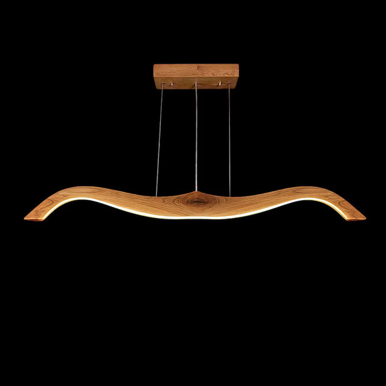 Curved Wooden LED Pendant Lamp - Handmade Wood Ceiling Lamp - Light Fixture for Dining Room, Kitchen Island or Living Room - Linear Light