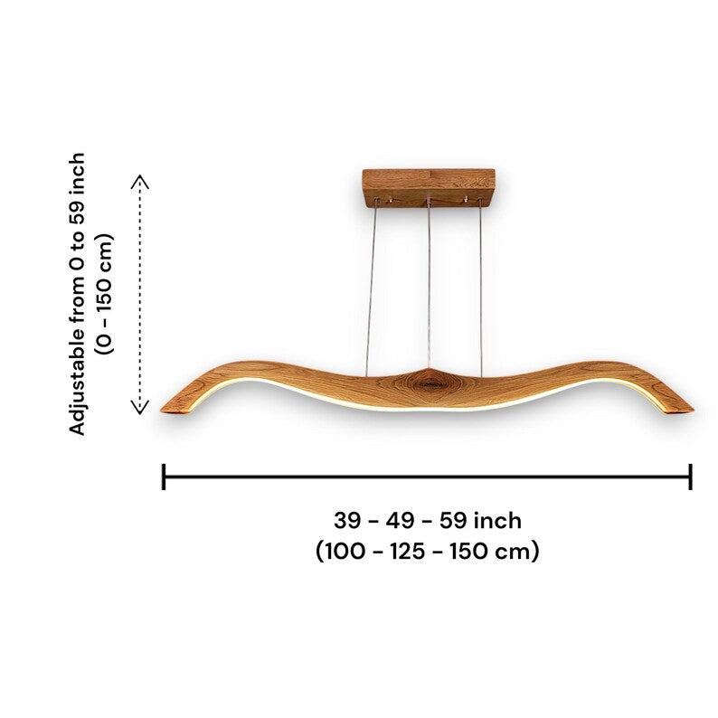 Curved Wooden LED Pendant Lamp - Handmade Wood Ceiling Lamp - Light Fixture for Dining Room, Kitchen Island or Living Room - Linear Light