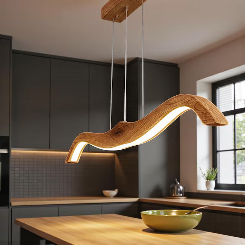 Curved Wooden LED Pendant Lamp - Handmade Wood Ceiling Lamp - Light Fixture for Dining Room, Kitchen Island or Living Room - Linear Light